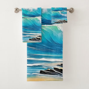 Ocean's Embrace: Wave Art Bath Towel Set
