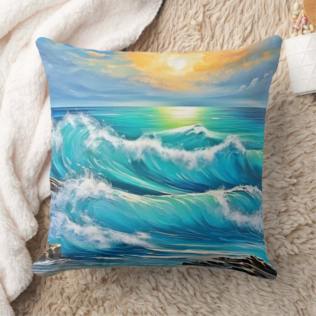 Ocean's Embrace: Wave Art Throw Pillow (Blanket)
