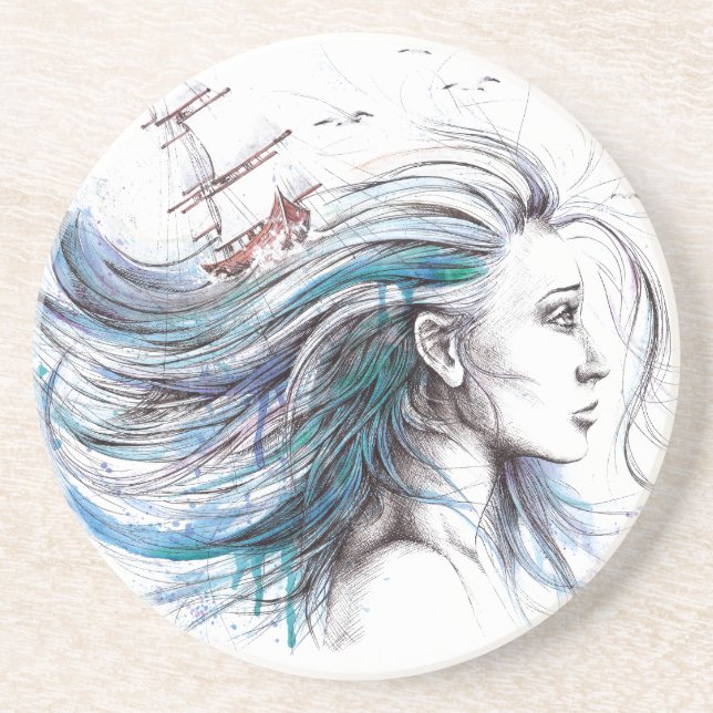 Oceans girl Nautical Surreal Watercolor art Coaster (Front)