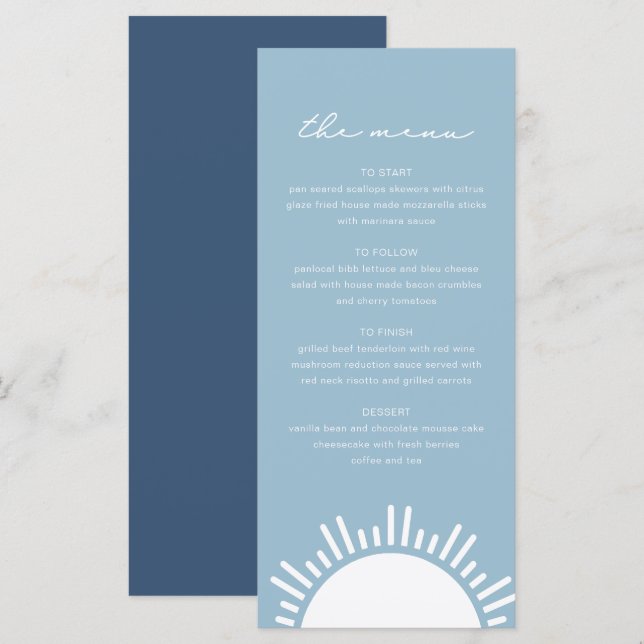 OCEANSIDE Dusty Light Blue Sun Ocean Themed Menu (Front/Back)