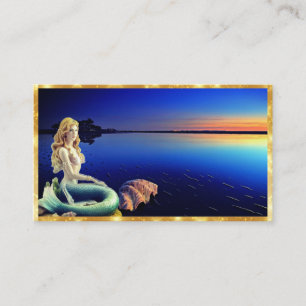 Oceanside Mermaid, Sunset and Colorful Shells on a Business Card