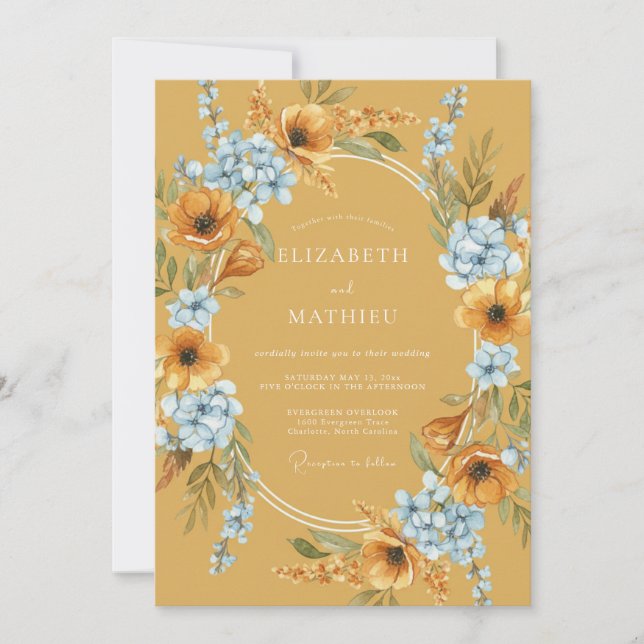 Ochre Blue Botanical Wedding Invitation (Front)