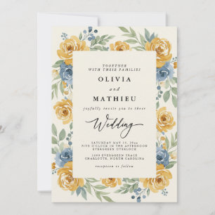 Ochre Blue Floral Romance Wedding Invitation