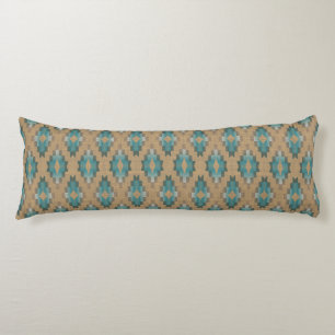 Ochre Brown Taupe Teal Blue Tribal Art Pattern Body Pillow