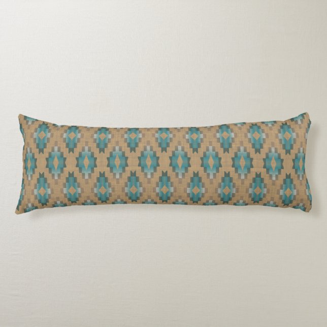 Ochre Brown Taupe Teal Blue Tribal Art Pattern Body Pillow (Front)