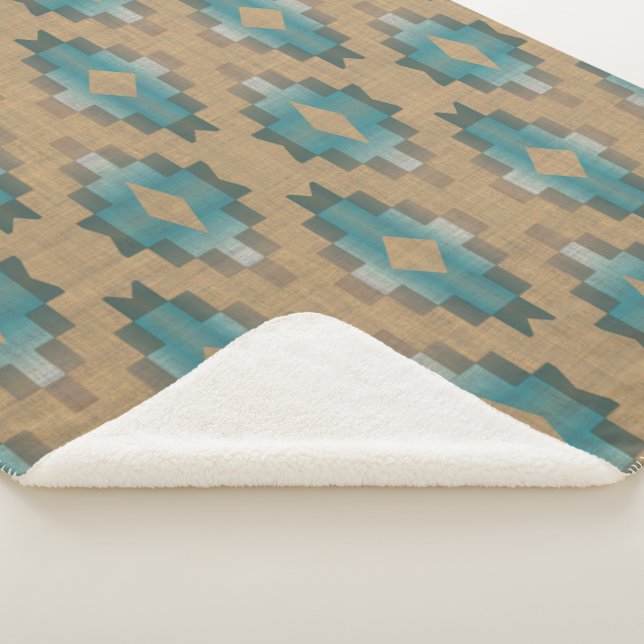 Ochre Brown Taupe Teal Blue Tribal Art Pattern Sherpa Blanket (3/4)