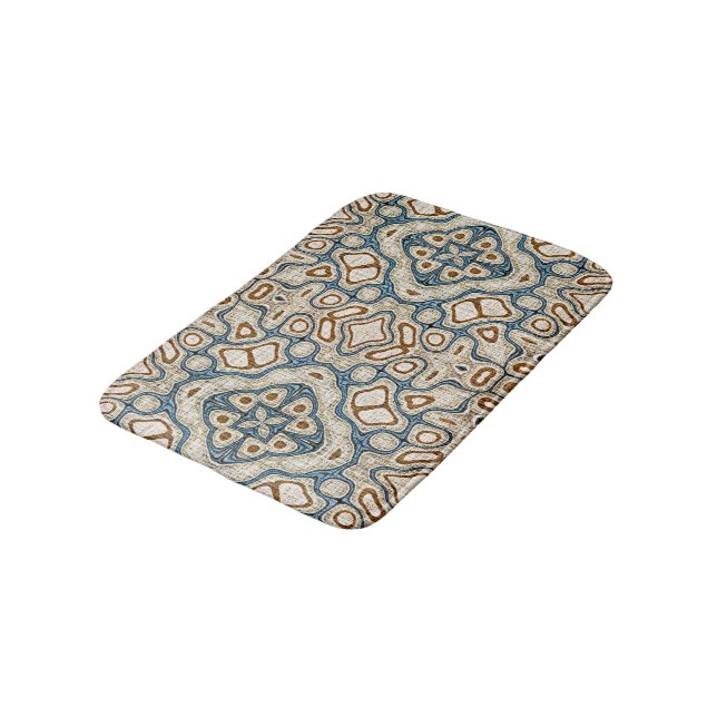 Ochre Brown Teal Blue Tribal Art Bath Mat (Angled)