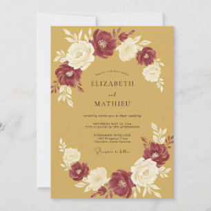 Ochre Burgundy Ranunculus Eucalyptus Wedding Invitation