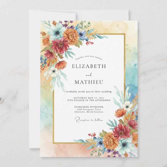 Ochre Floral Painterly Wedding Invitation (Front)