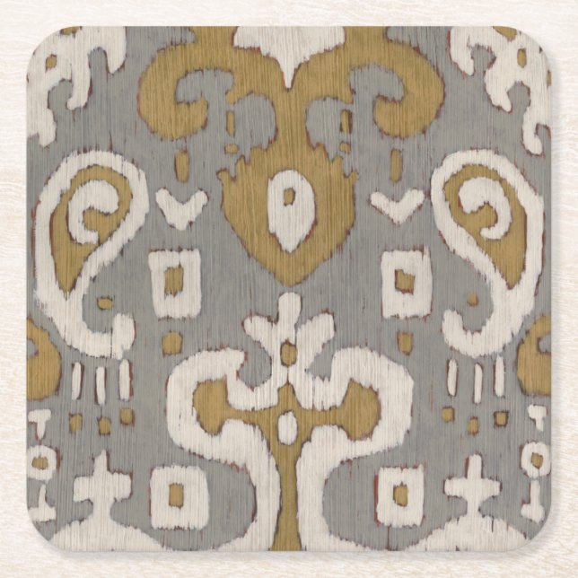 Ochre Ikat I Square Paper Coaster (Front)
