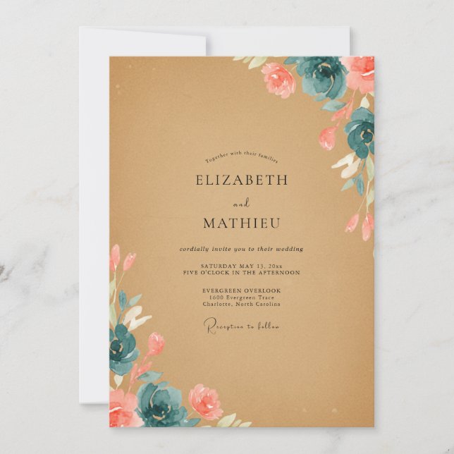 Ochre Indigo Ranunculus Eucalyptus Wedding Invitation (Front)