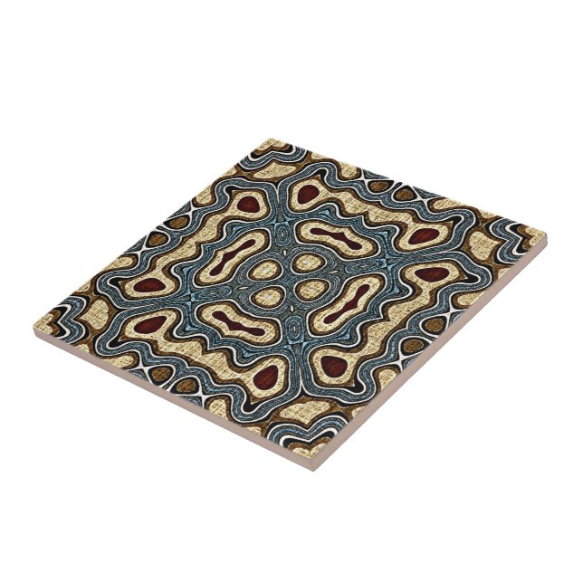 Ochre Mustard Red Brown Teal Blue Ethnic Tribe Art Tile (Side)