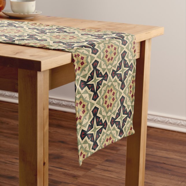 Ochre Mustard Yellow Olive Green Black Tribal Art Medium Table Runner (In Situ)