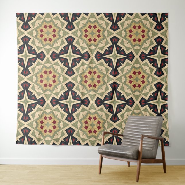 Ochre Mustard Yellow Olive Green Black Tribal Art Tapestry (In Situ (Horizontal))