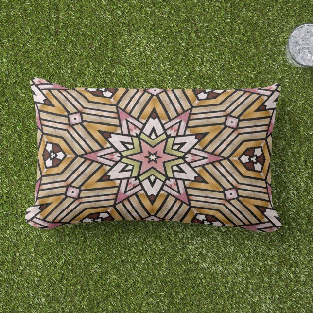 Ochre Mustard Yellow Taupe Brown Pink Tribal Art Lumbar Pillow (Grass)