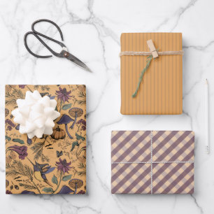 Ochre Orange Hummingbird Witch, Gingham & Stripes Wrapping Paper Sheet