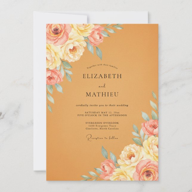 Ochre Peony Blossom Wedding Invitation (Front)