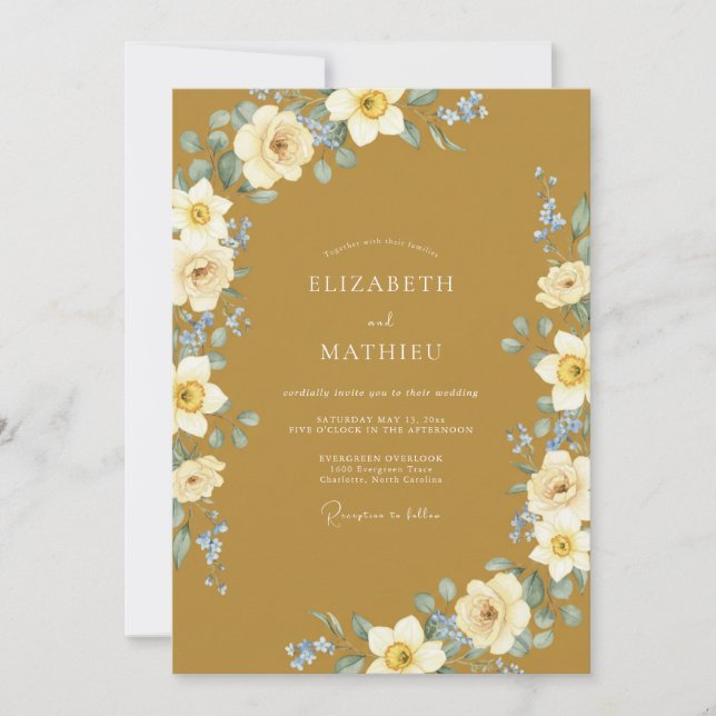 Ochre Ranunculus Leafy Wedding Invitation (Front)