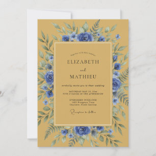 Ochre Sophisticated Blue Botanical Wedding Invitation