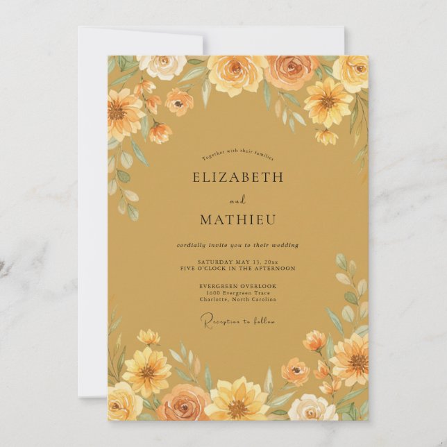 Ochre Sunflower Painted Wedding Invitation (Front)