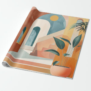 Ochre Teal Mid Century Tropical Archway Art Wrapping Paper
