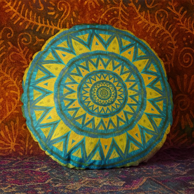 Ochre & Turquoise Bohemian Celestial Tribal Ethnic Round Pillow (Creator Uploaded)