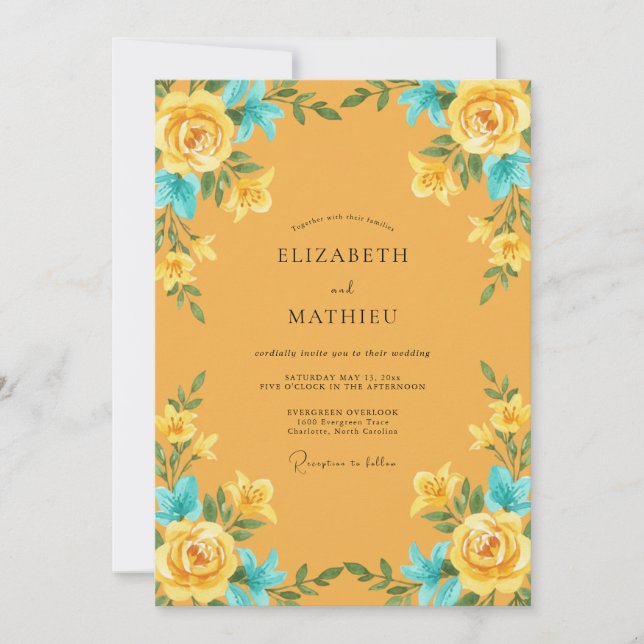 Ochre Turquoise Ranunculus Eucalyptus Wedding Invitation (Front)