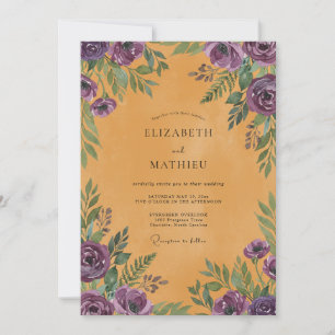 Ochre Violet Leafy Wedding Invitation