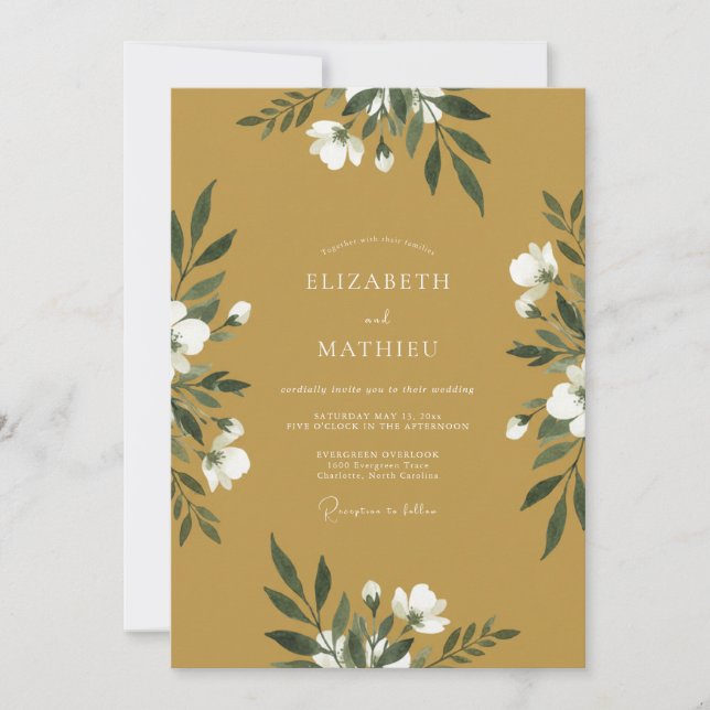 Ochre White Leafy Wedding Invitation (Front)