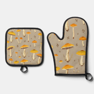 Ochre Yellow Mushroom Whimsical Woodland Botanical Oven Mitt & Pot Holder Set
