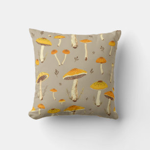 Ochre Yellow Mushroom Whimsical Woodland Botanical Throw Pillow