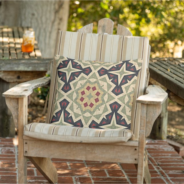 Ochre Yellow Red Olive Green Black Tribal Art Outdoor Pillow (Chair)