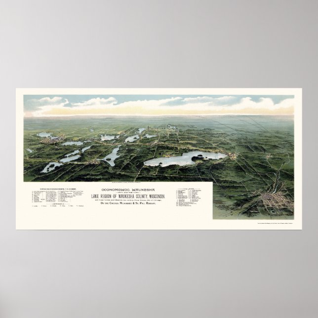 Oconomowoc and Waukesha, WI Panoramic Map - 1890 Poster (Front)
