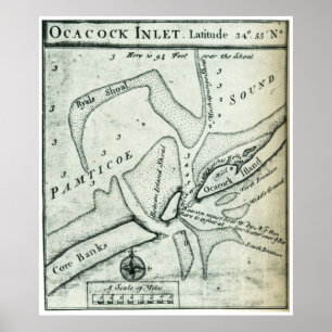 Ocracoke Inlet Map - Blackeard's Anchoring (1733) Poster