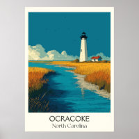 Ocracoke NC Vintage Lighthouse Island Beach Art