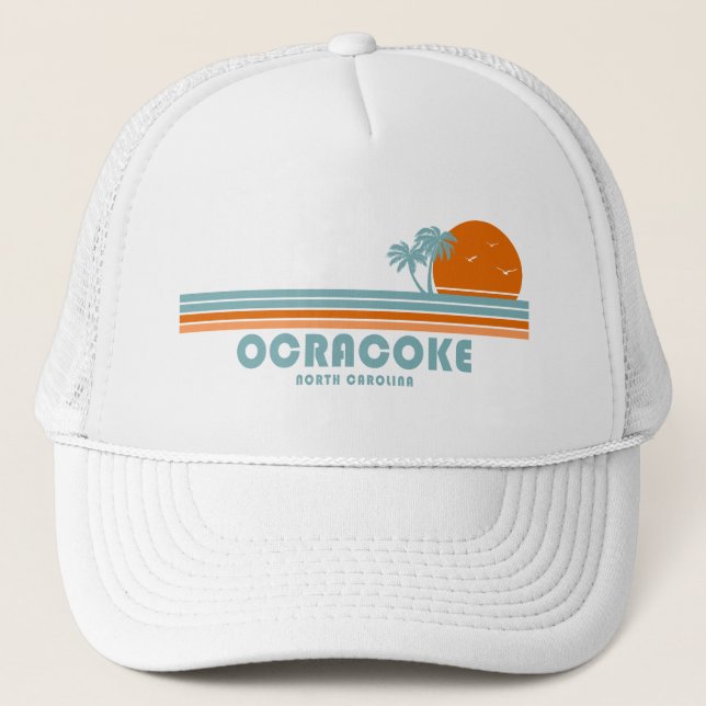 Ocracoke North Carolina Sun Palm Trees Trucker Hat (Front)