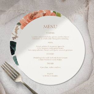 Ocre & Initiales d'ivoire Menu Mariage floral rond