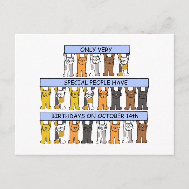 October 14th Birthday Cute Cartoon Cats Postcard (Front)