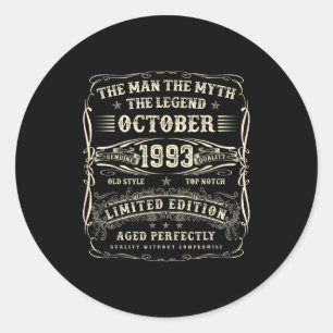 October 1993 32nd Birthday For Men 32 Year Old Bda Classic Round Sticker