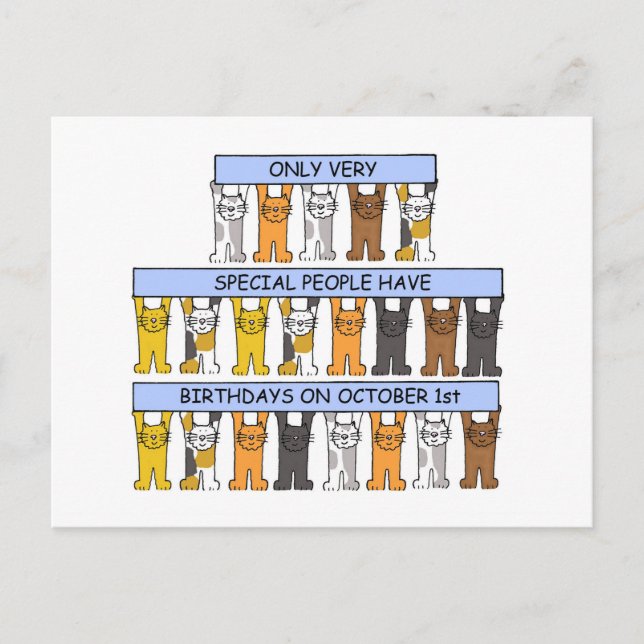 October 1st Birthday Cute Cartoon Cats Postcard (Front)