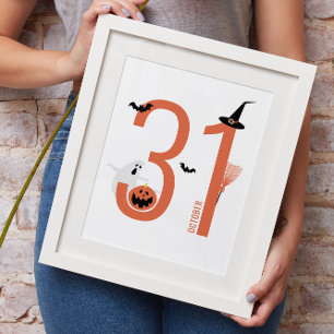 October 31. Cute ghost & pumpkin. Halloween party Poster