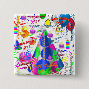 October, 9 Birthday Square Button