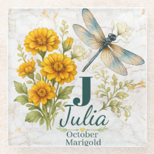 October Birth Flower Marigold & Dragonfly Glass Coaster
