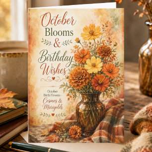 October Birth Flowers Cosmos & Marigolds Birthday Card