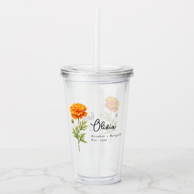 October Birth Month Flower Marigold Personalized Acrylic Tumbler (Front)