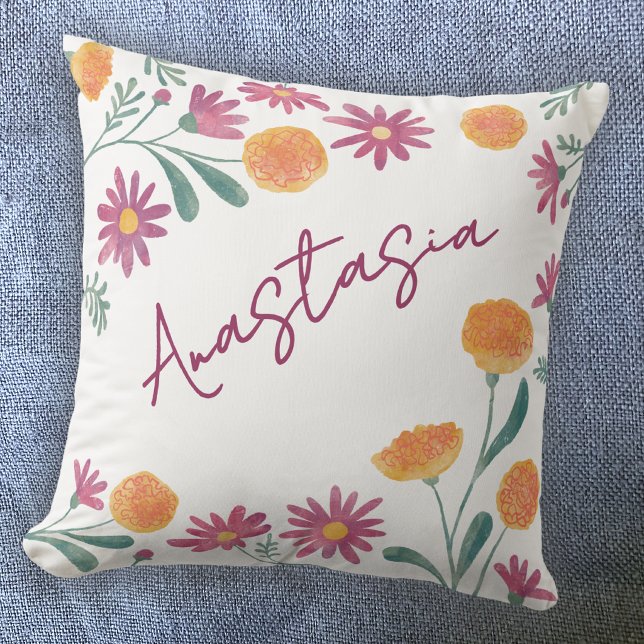 October Birth Month Marigold Cosmos Personalized Throw Pillow (October birthday personalized birth month flower marigold cosmos floral watercolor throw pillow gift)