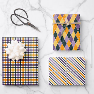 October Birthday Fun Orange Purple Black 3 Wrapping Paper Sheet