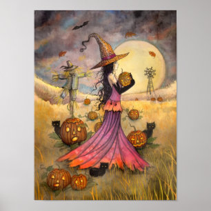 October Fields Witch and Cat Art by Molly Harrison Poster
