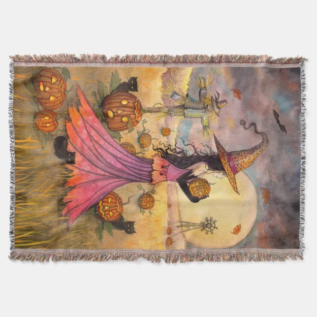 October Fields Witch Cat Halloween Art Throw Blanket (Front)