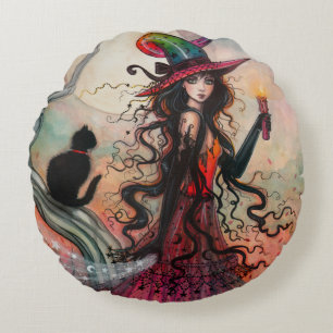 October Flame Halloween Witch and Black Cat Art Round Pillow